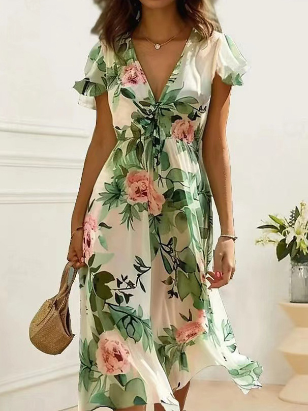 Floral Printed Deep V Neck Short Sleeves Casual Dress