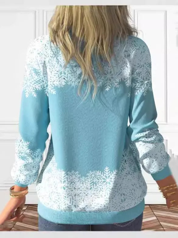 Snowman Print Light Blue Stand Collar Sweatshirt