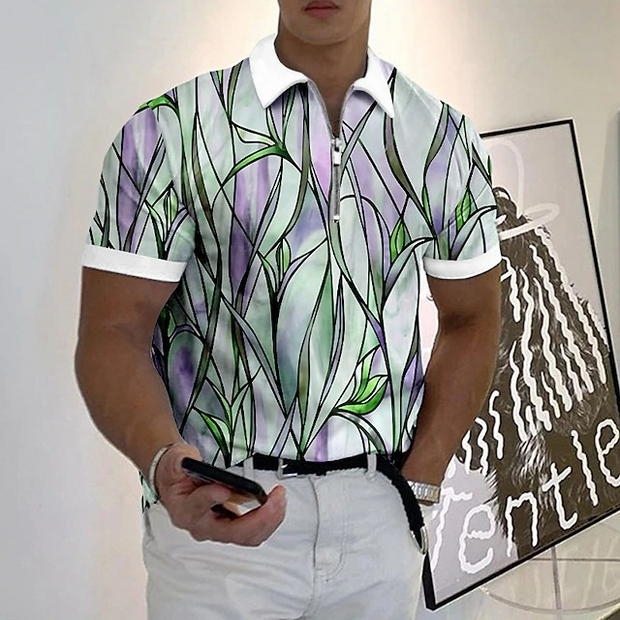 Graphical Printed Lapel Collar Short Sleeves Shirt