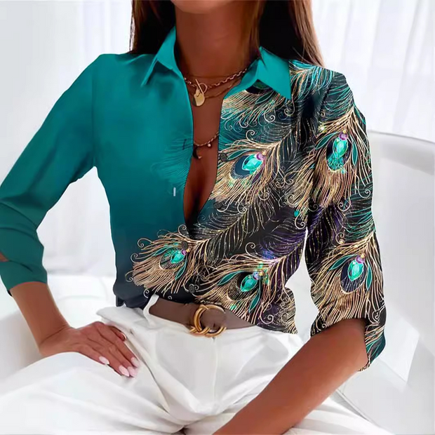 Casual Button Up Collared Feather Pattern Top