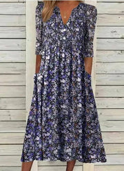 Women's Casual V Neck Short Sleeve Floral Midi Dress