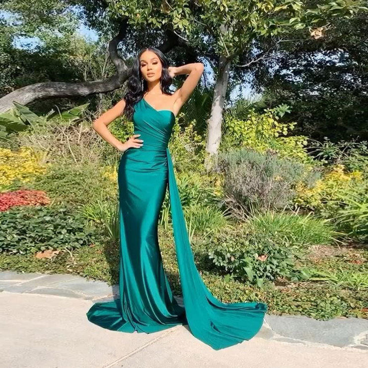 Teal Satin One shoulder Sleeveless Fishtail Prom Dress