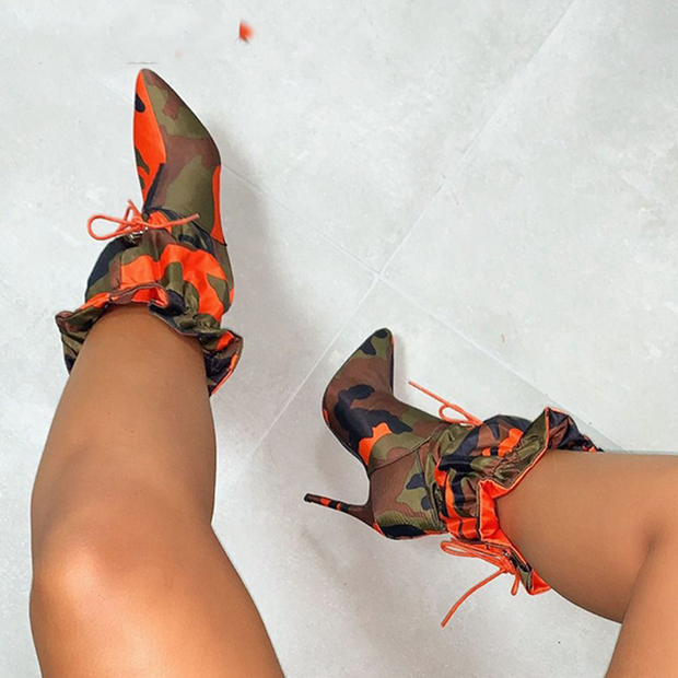 Camouflage Print Stiletto Lace Up Ankle Boots