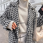 Houndstooth Notched Lapel Belted Long Coat