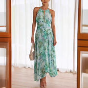 Light Cyan Floral Printed Cutout Neck Pleated Maxi Dress