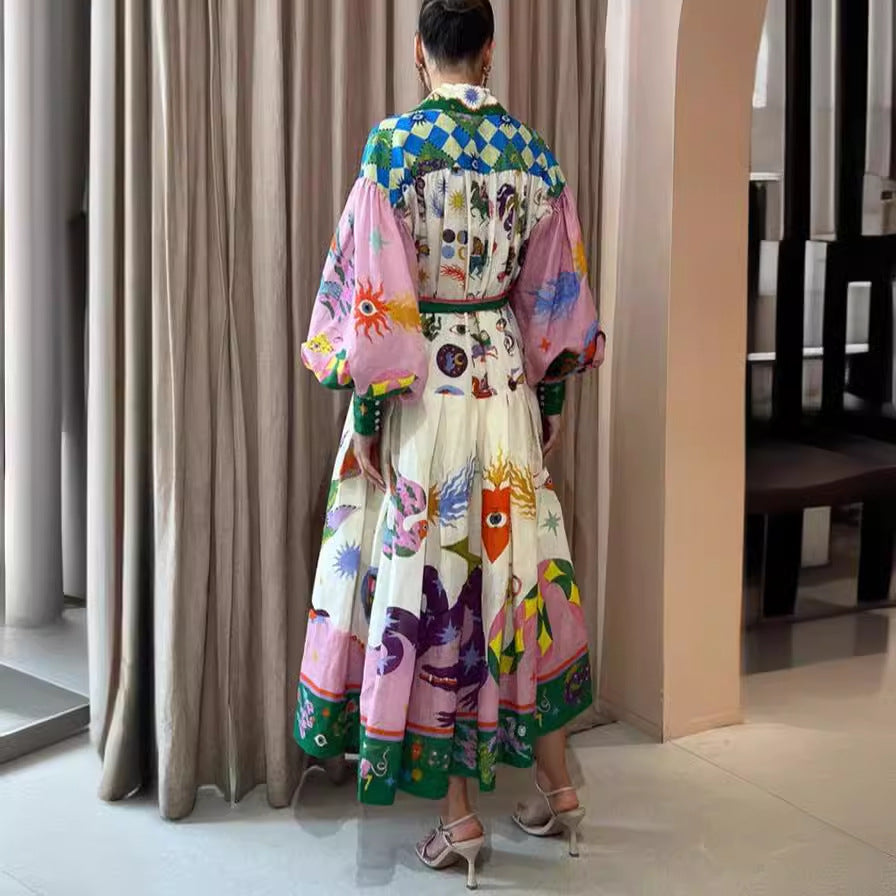 Unique Print Balloon Sleeve Shirt Midi Dress