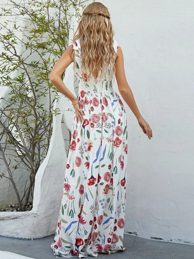 White Floral Printed Deep V Neck Sleeveless Maxi Dress