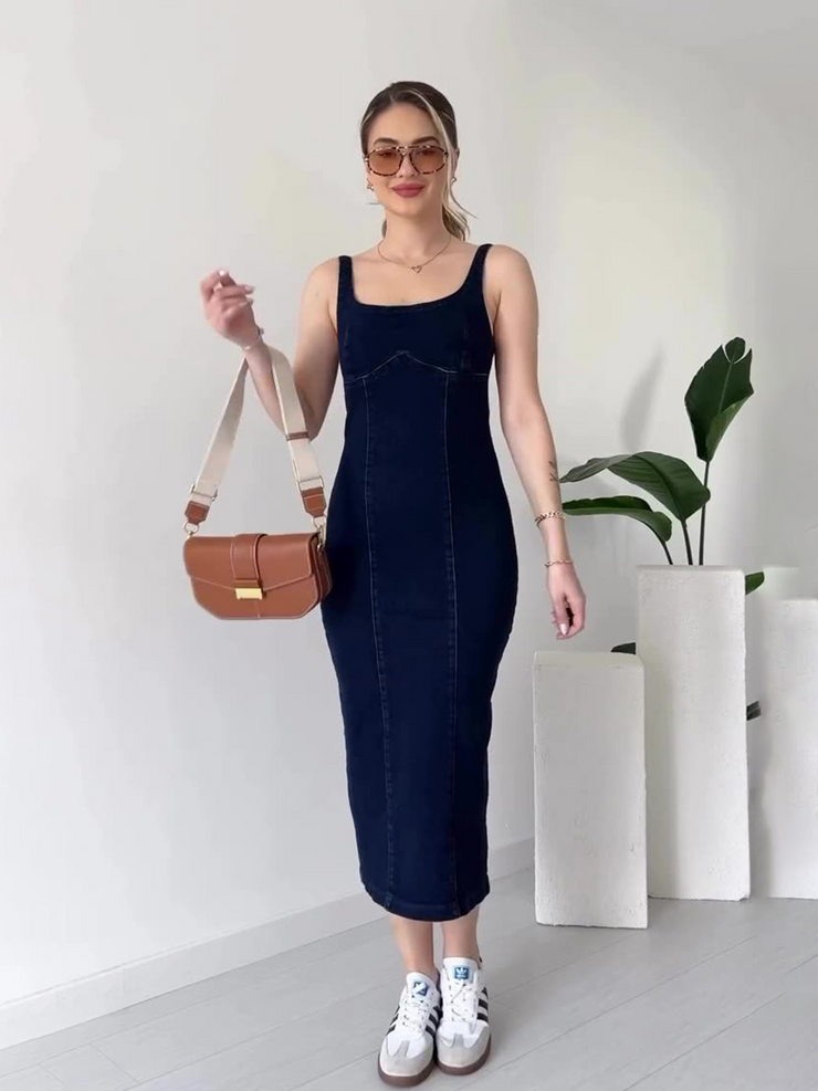 Split U Neck Denim Cami Maxi Dress