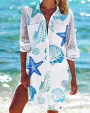 White Printed Casual V Neck Long Sleeves Dress