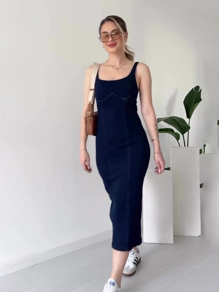 Split U Neck Denim Cami Maxi Dress