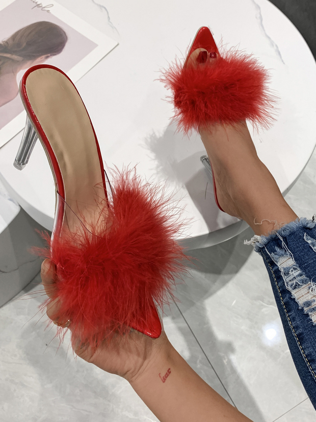 Pointy Toe Faux Fur Trim Mules Heel Sandals