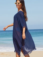 Navy Tassel Split Patchwork Beach Cover Up