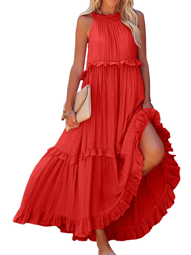 Ruffled Sleeveless Tiered Maxi Dress with Pockets