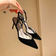 Black Satin Pointed Toe Rhinestone Cross Strap Slingback Heel Pumps