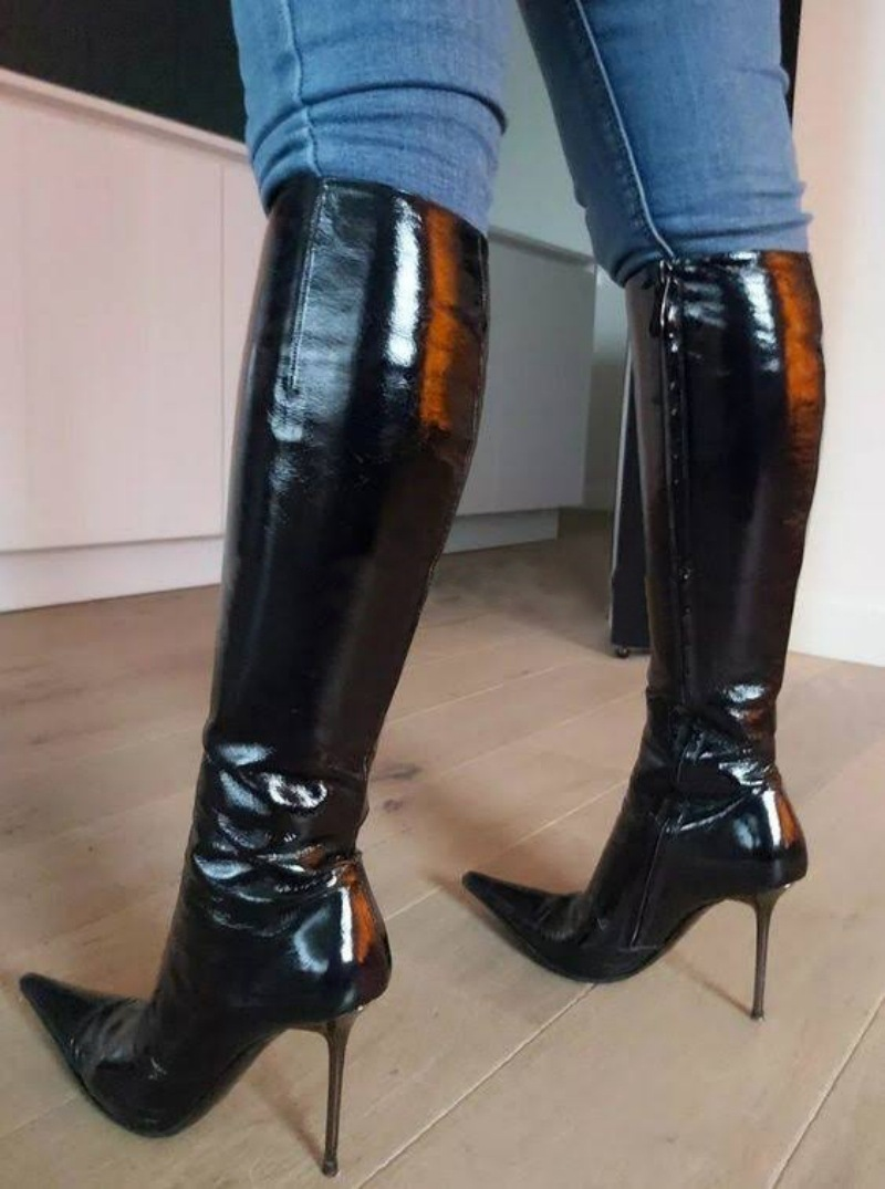 Black Pointy Toe Black Calf-Length Boots