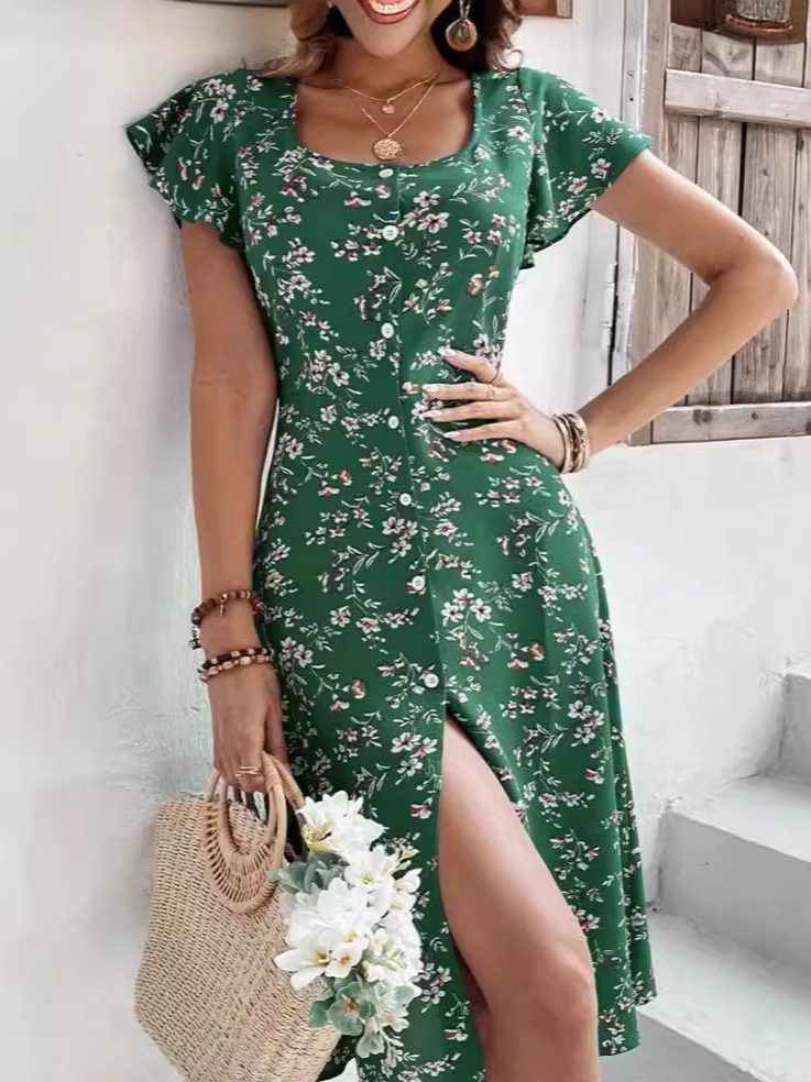 Floral Printed Square Neck Sleeveless Casual Dress