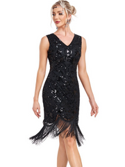 Black V Neck Sleeveless Sequin Fringe Dress