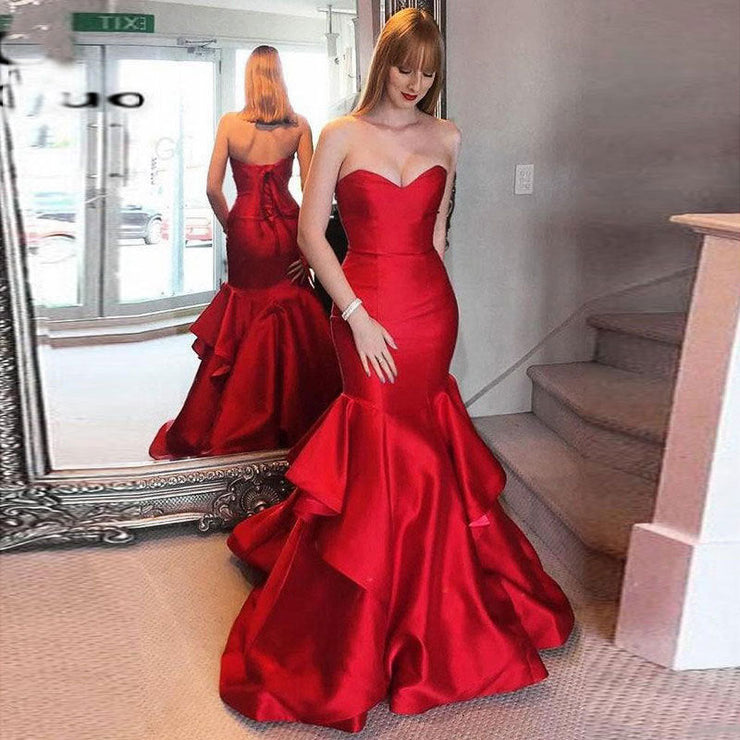 Red Satin Tube Top Tiered Fishtail Prom Dress