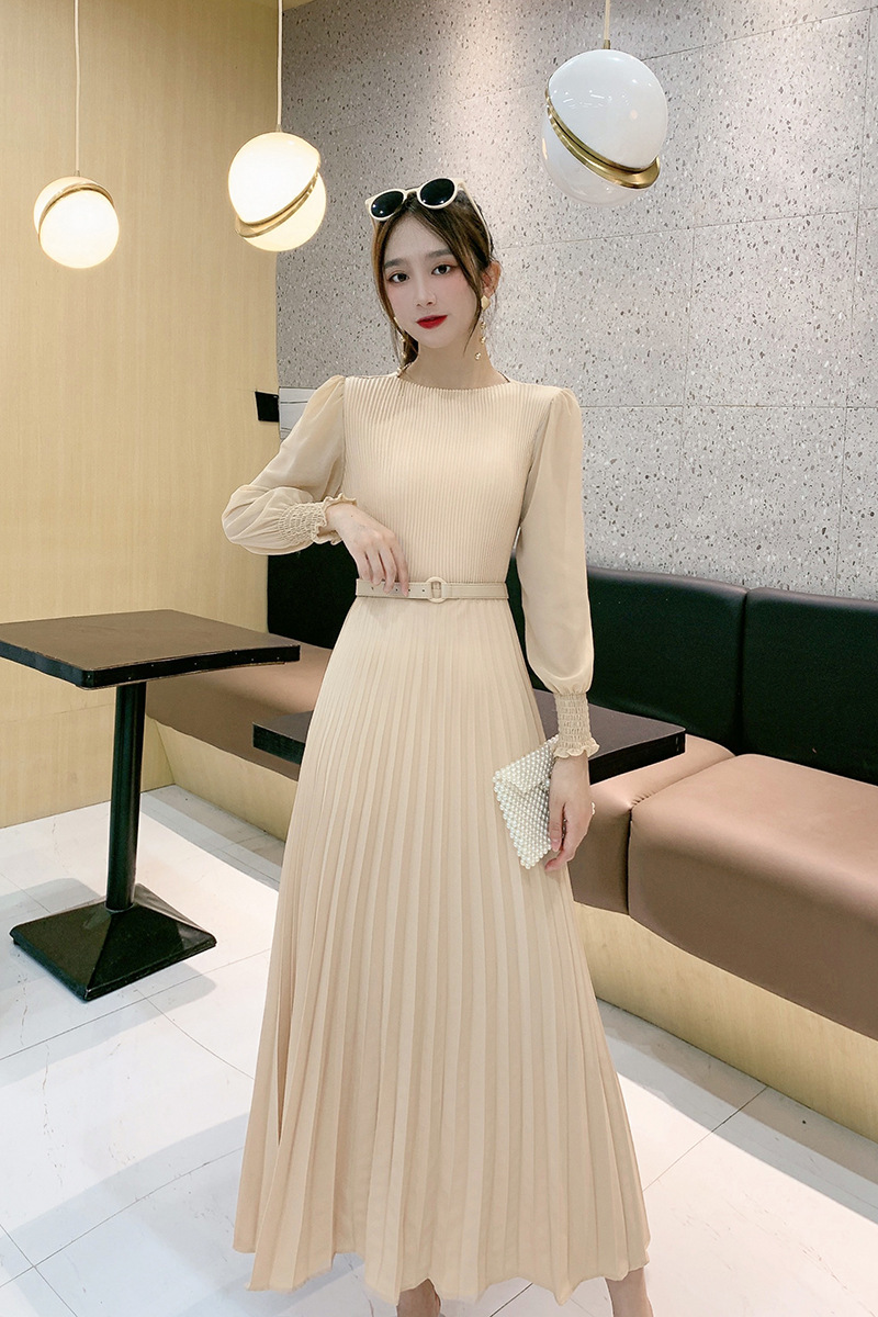 Simple Pleated Long Sleeves Belted Maxi Dress