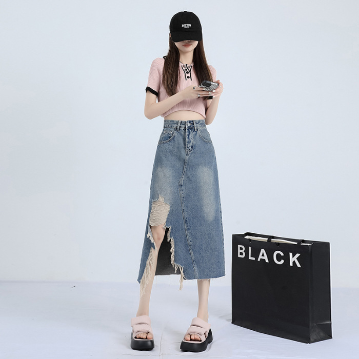 Asymmetric Ripped Trim Denim Skirt