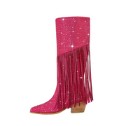 Tassel Rhinestone Round Head Thick Heel High Boots