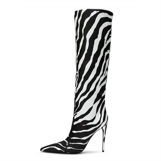 Pointed Toe Zebra Print Zipper Knee High Boots