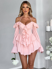 Halter Neck Ruffled Trim Mini Dress