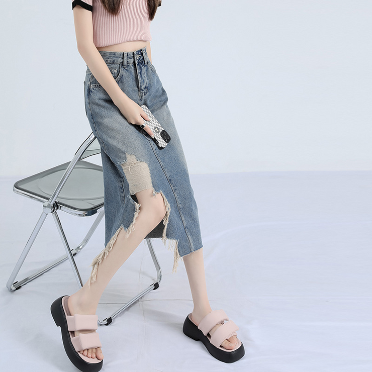 Asymmetric Ripped Trim Denim Skirt