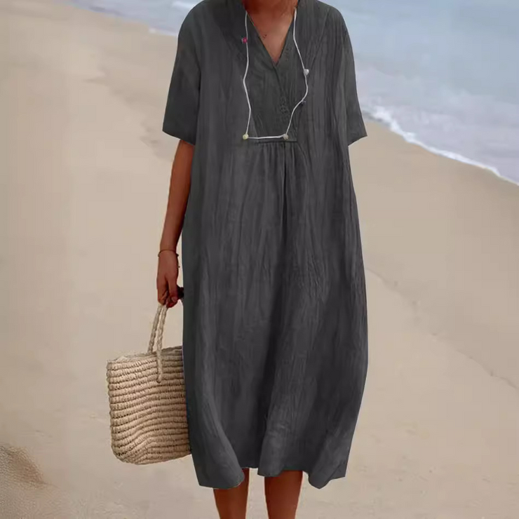 Casual V Neck Half Sleeves Long Dress