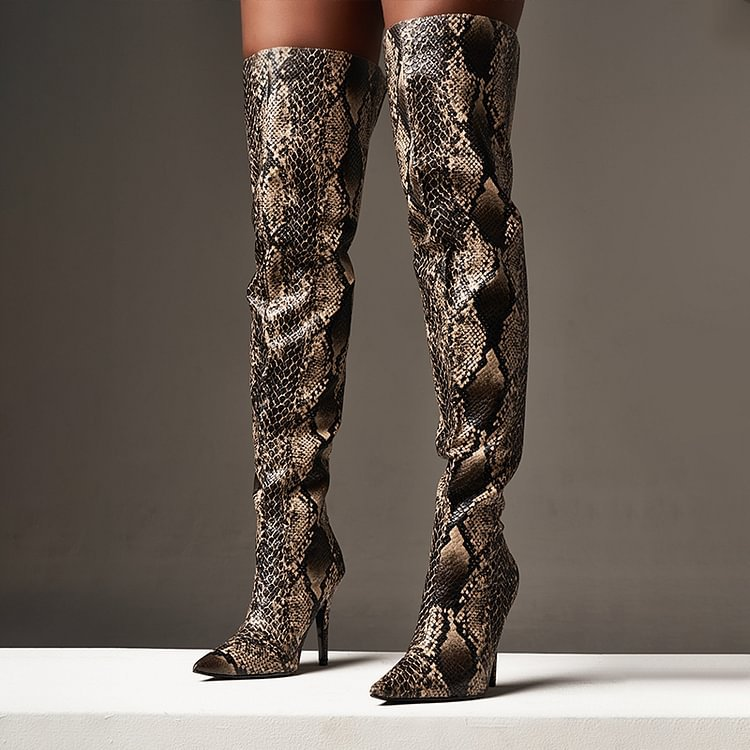 Python Pointed Toe Stiletto Heel Thigh-High Boots