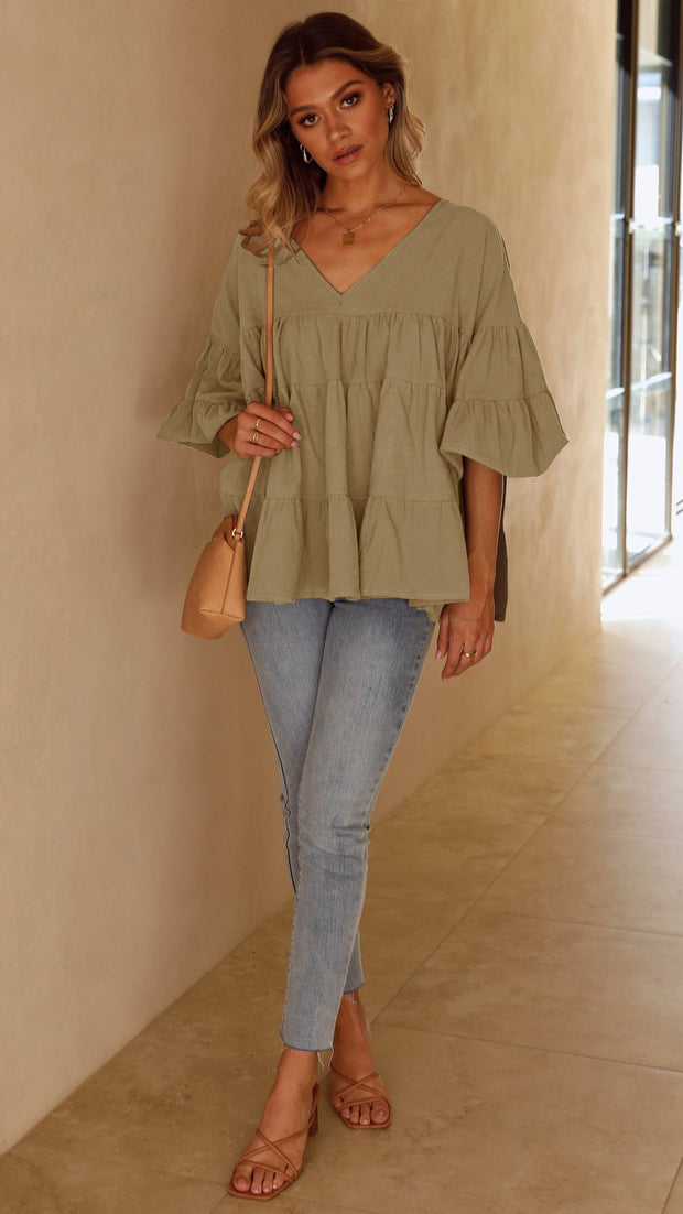 Oversized V-Neck Casual Sweet Loose Tiered Top