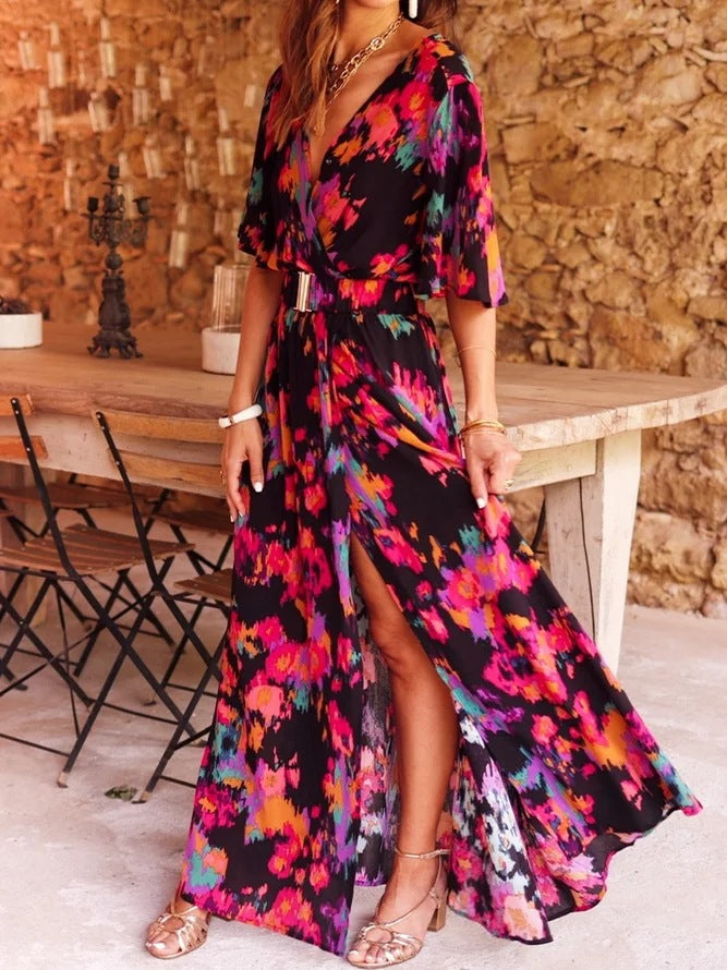 Women Floral High Waist Micro-Elasticity Loose Short Sleeve A-Line Maxi Dress