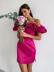 Satin Off-Shoulder Sleeveless Ruched Mini Dress