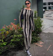 Striped Crew Neck Long Sleeve Maxi Dress