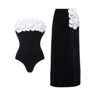 3D Flower Color Block One Piece Swimsuit And Skirt