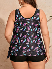 Plus Size Asymmetry High Waisted Leaf Print Purple Tankini