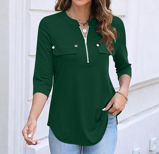 Zipper Split Neck Long Sleeve Shirt