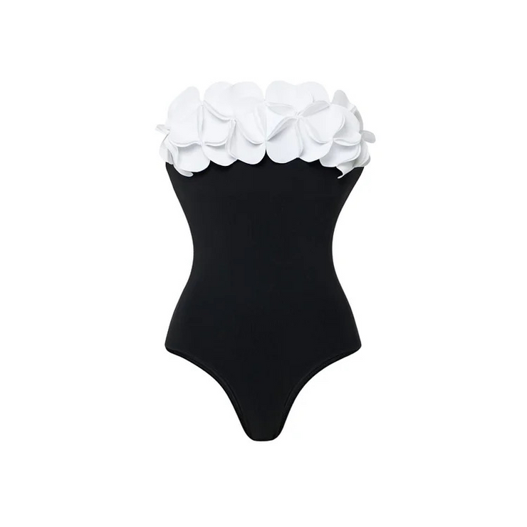 3D Flower Color Block One Piece Swimsuit And Skirt