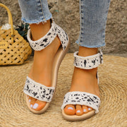 Buckle White Leopard Ankle Strap Sandals - Stylish Flats