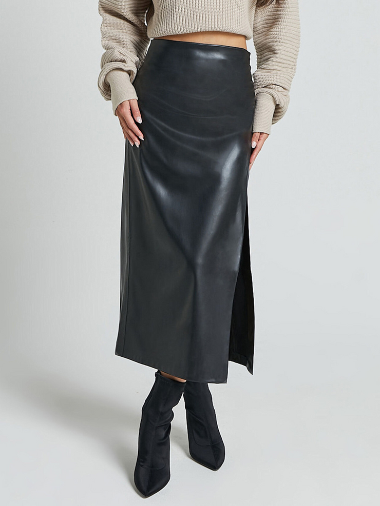 Ruched Faux Leather Slit Midi Skirt