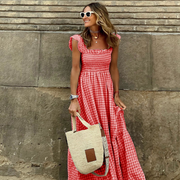 Plaid Ruffle Sleeves Long Maxi Dress