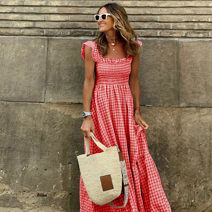 Plaid Ruffle Sleeves Long Maxi Dress