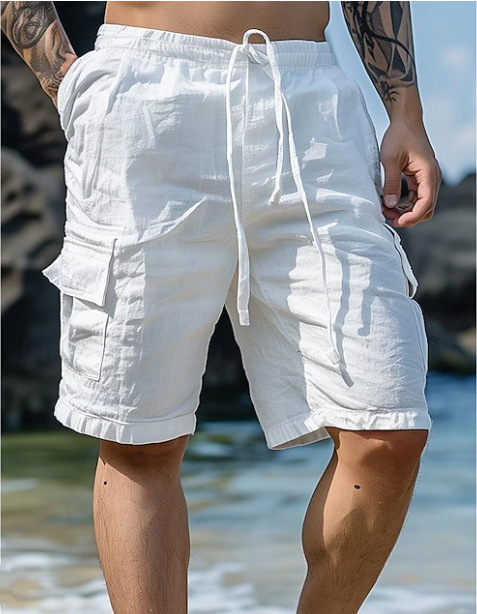 Plain Multi Pockets Linen Knee Length Shorts