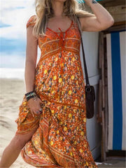 Women V Neck Casual Floral Printed Short Sleeve Woven Dress