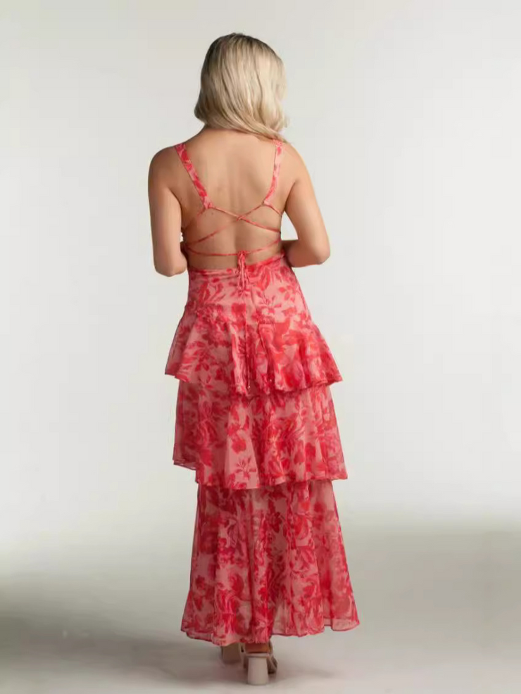 Floral Printed Strappy Back Ruffle Midi Dress