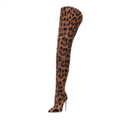 Leopard Print Stiletto Heel Thigh High Boots with Rivets Decor