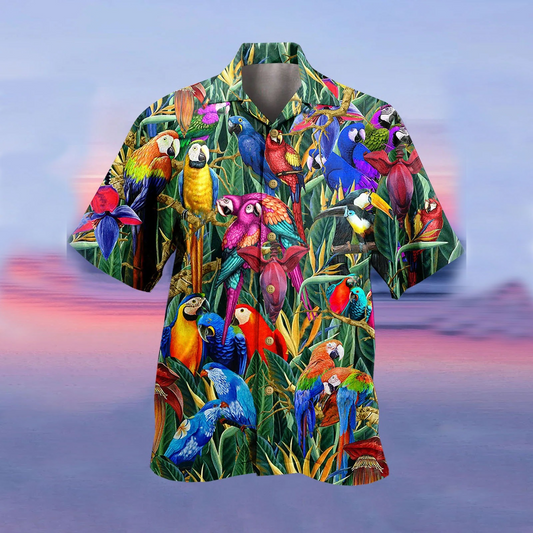 Tropical Parrot Printed Button Down Shirt