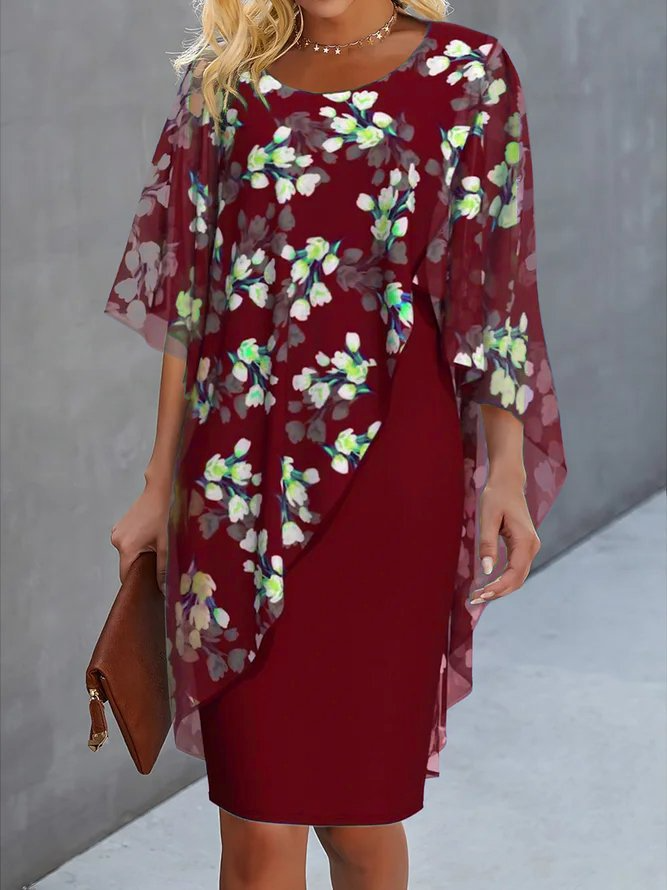 Floral Printed Crew Neck Long Sleeves Dress