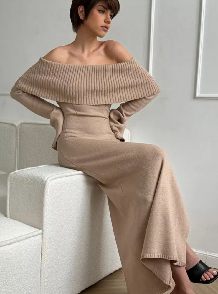 Off Shoulder Long Sleeves Knitted Dress