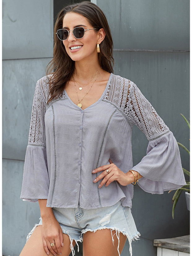 Ruffles V-Neck Buttons Flared Sleeves Hollow Casual Top